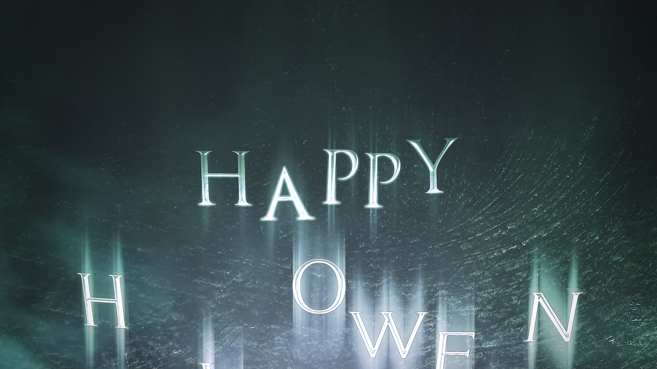 texto de animación feliz halloween sobre fondo de terror místico con humo oscuro y cámara de movimiento