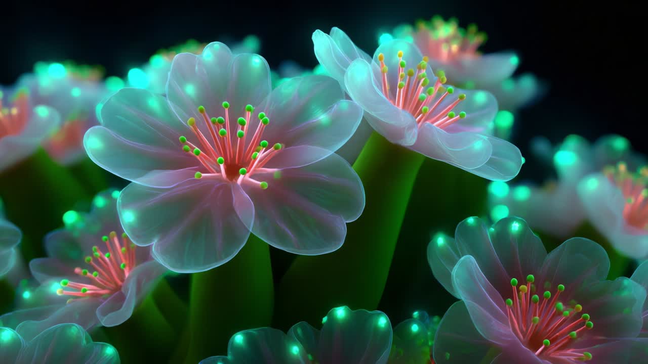 A Stunning Close-Up of Ethereal Blossoms Illuminated with Soft Glow, Showcasing Delicate Petals and Vibrant Stamen in a Dreamlike Botanical Setting, Creating a Captivating Visual Experience