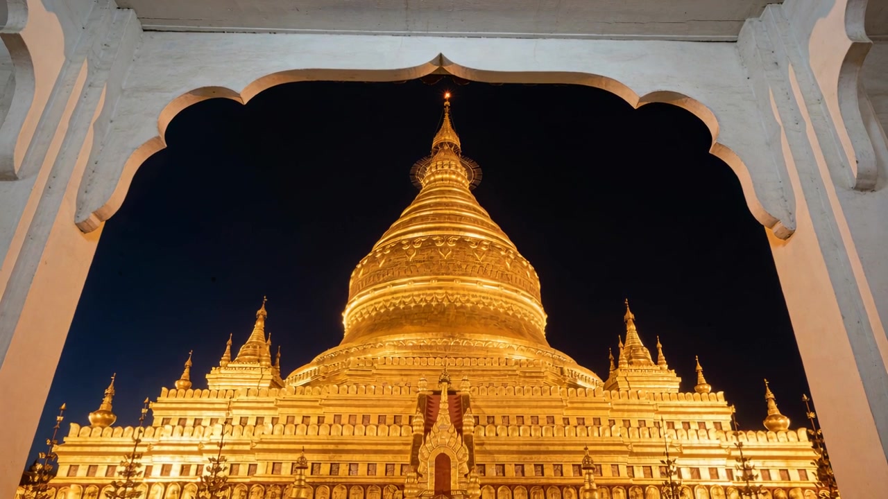 夜、装飾されたアーチ越しに金色の仏塔をカメラが捉え、投光照明とその壮大さを映し出している。