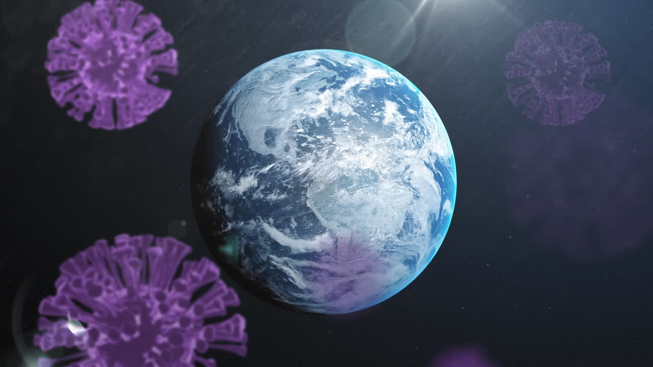 Animazione di cellule Covid-19 che fluttuano sul globo.