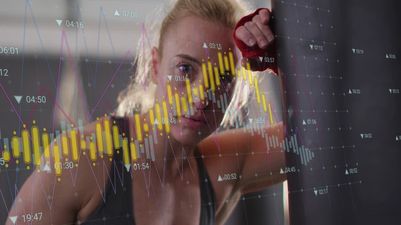 Woman positioning red wraps, punching bag, bracing and training while candlestick graphs overlaying