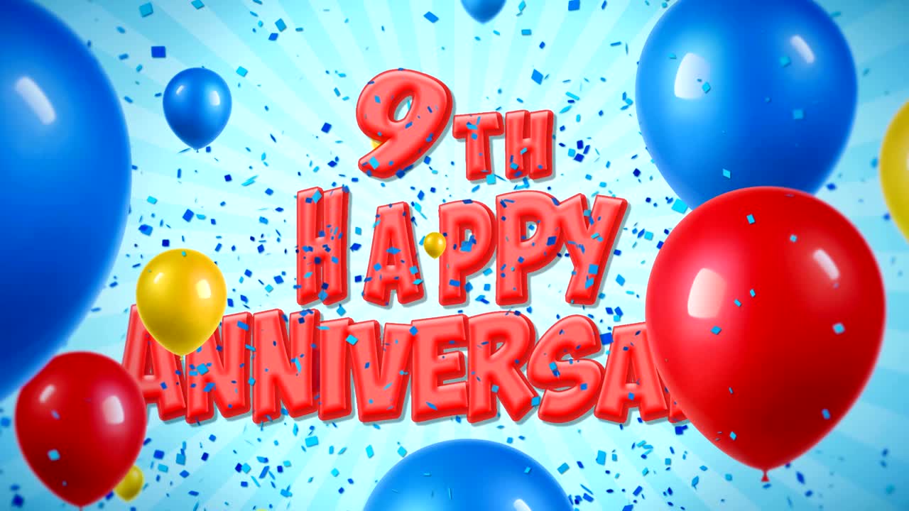 el texto rojo del noveno aniversario aparece en las explosiones de confeti popper que caen y las partículas de brillo, los coloridos globos voladores, la animación de bucle sin fisuras para los deseos, el saludo, la fiesta, la invitación, la tarjeta.