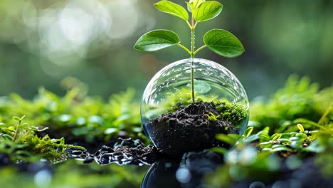a small plant growing inside a clear glass sphere in a lush green environment