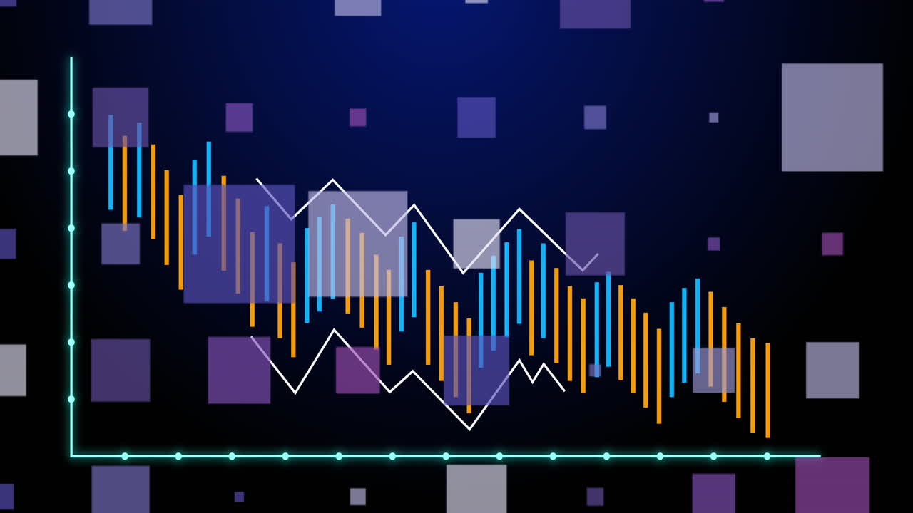 animación del procesamiento de datos estadísticos y formas cuadradas contra un fondo azul