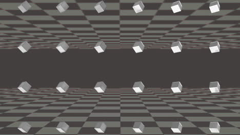 rows of rotating white cubes with black and grey checkerboard moving top and bottom