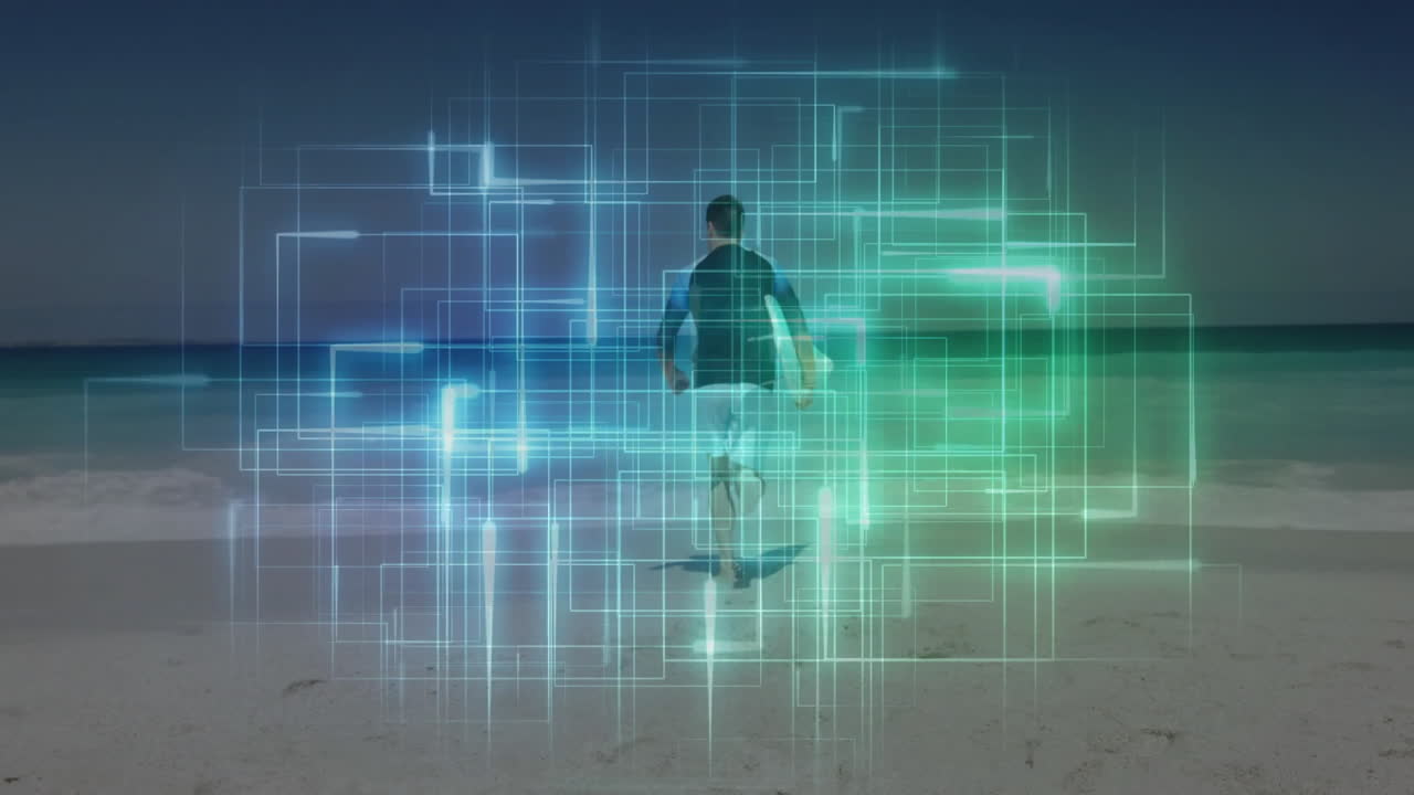 Man running toward ocean on sandy beach, carrying surfboard, featuring technology grid overlay