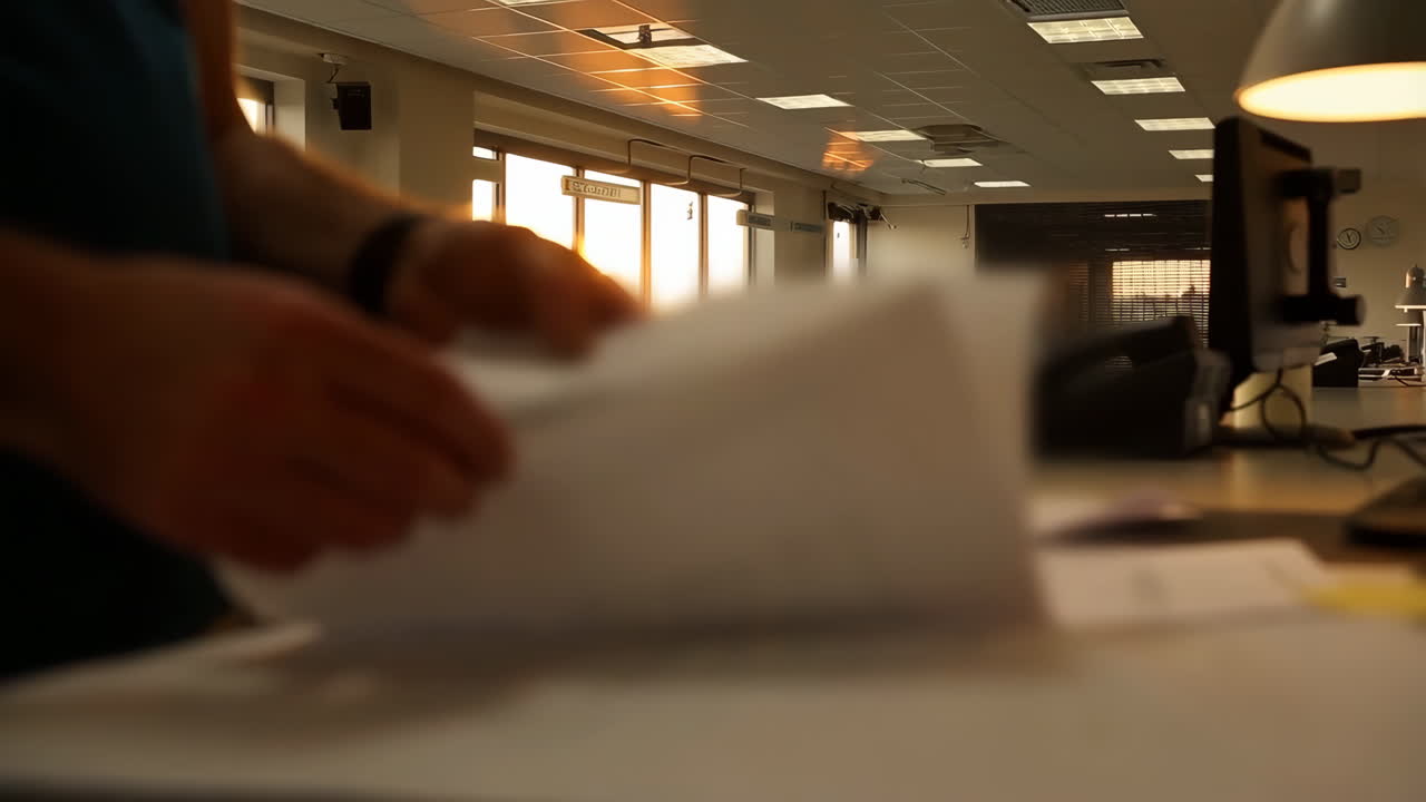 Person's hands handling papers in a sunlit office