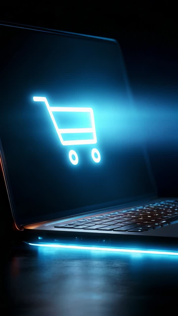 Illuminated Shopping Cart Icon on Laptop Screen Representing E-Commerce and Online Shopping Convenience in a Dark Environment
