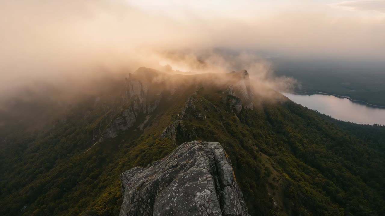 Drone che scivola in avanti lungo la cresta della montagna nella nebbia, rivelando sporgenze, guglie, pendii verdi e un lago