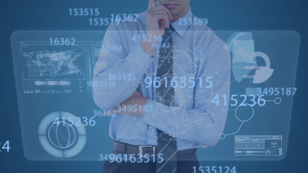 interfaz digital con procesamiento de datos contra el hombre de negocios tocando la pantalla invisible