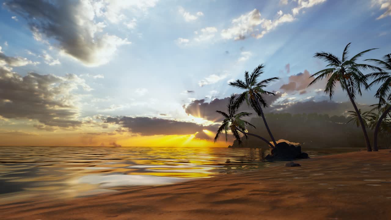 Scena di una spiaggia tropicale al tramonto