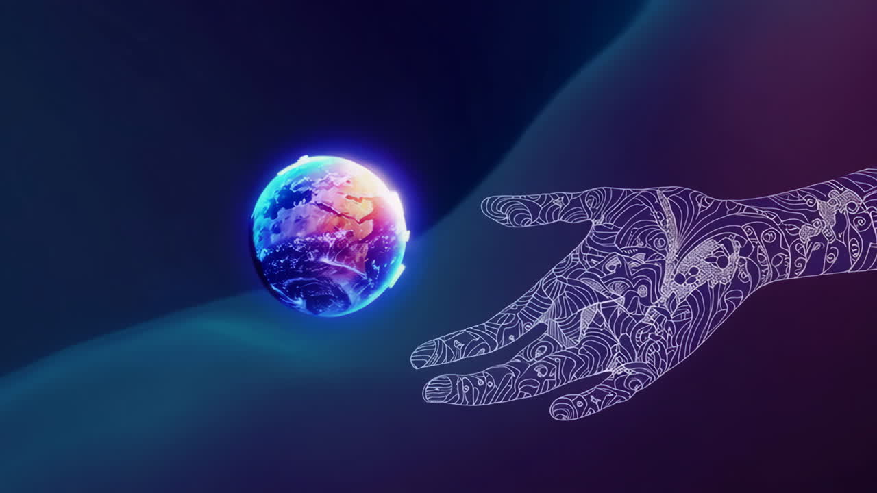 Digital Hand Reaching for a Glowing Earth