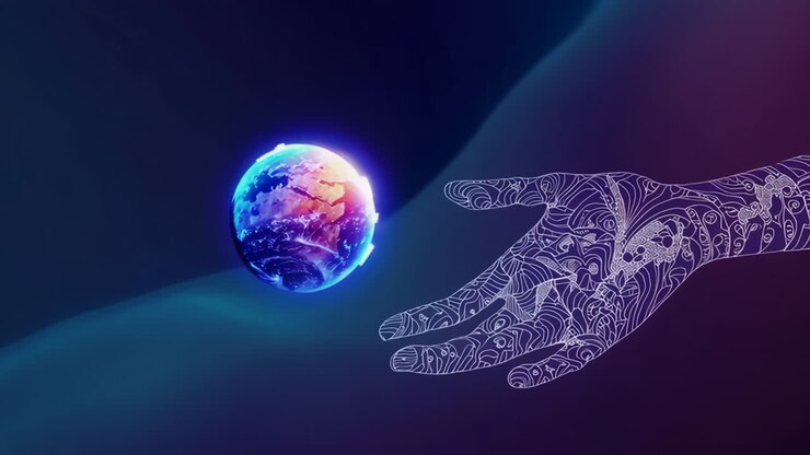 Mano digitale che si protende verso una Terra luminosa