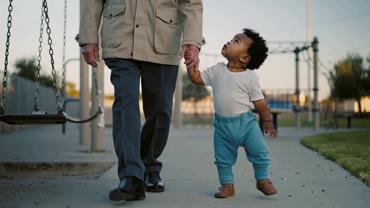 Un bambino in maglietta bianca, tenendo la mano di un adulto, fa passi per mantenere l'equilibrio su un sentiero del parco giochi.