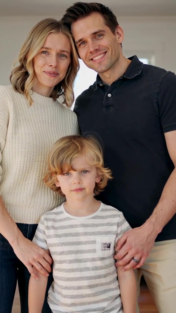 Vidéo verticale: Zoom de la caméra, famille se penchant pour une pose à la maison avec un canapé, maman en pull, papa en polo