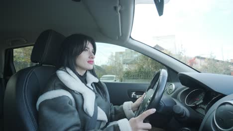 confident businesswoman driving her car, dressed in elegant business attire, showcasing independence and professionalism in a modern vehicle interior