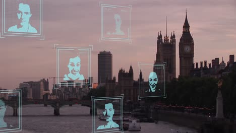 animation of data processing with diverse people over london cityscape