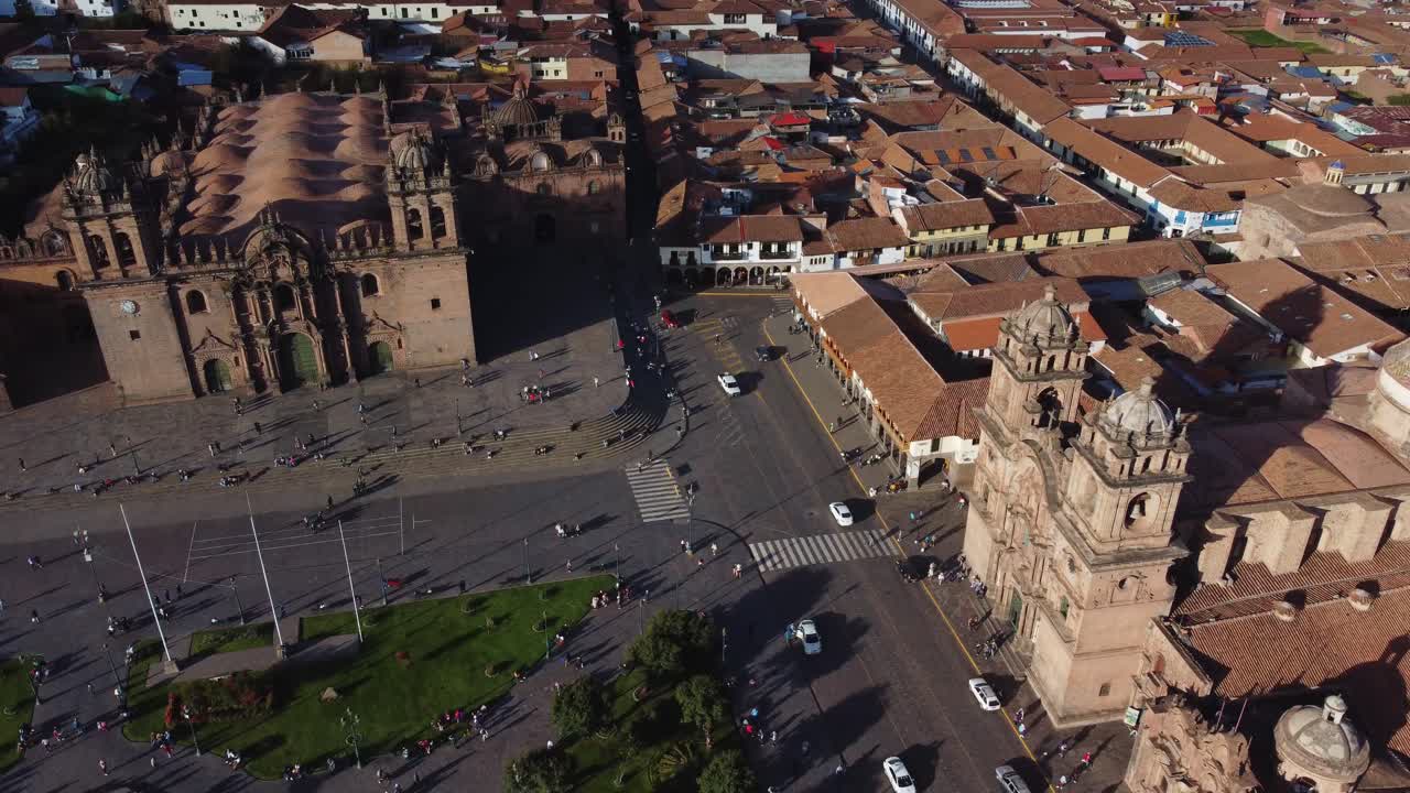 Aerial View of Historic Plaza de Armas and Cathedral in Cusco, Peru