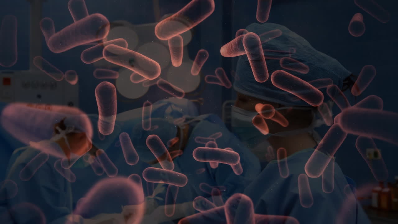 Animazione di cellule virali che fluttuano sopra dei chirurghi con mascherine