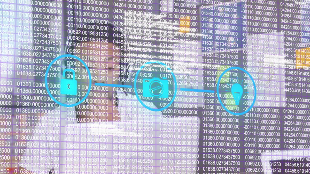 Animation of binary code overlaying urban cityscape with digital circular icons