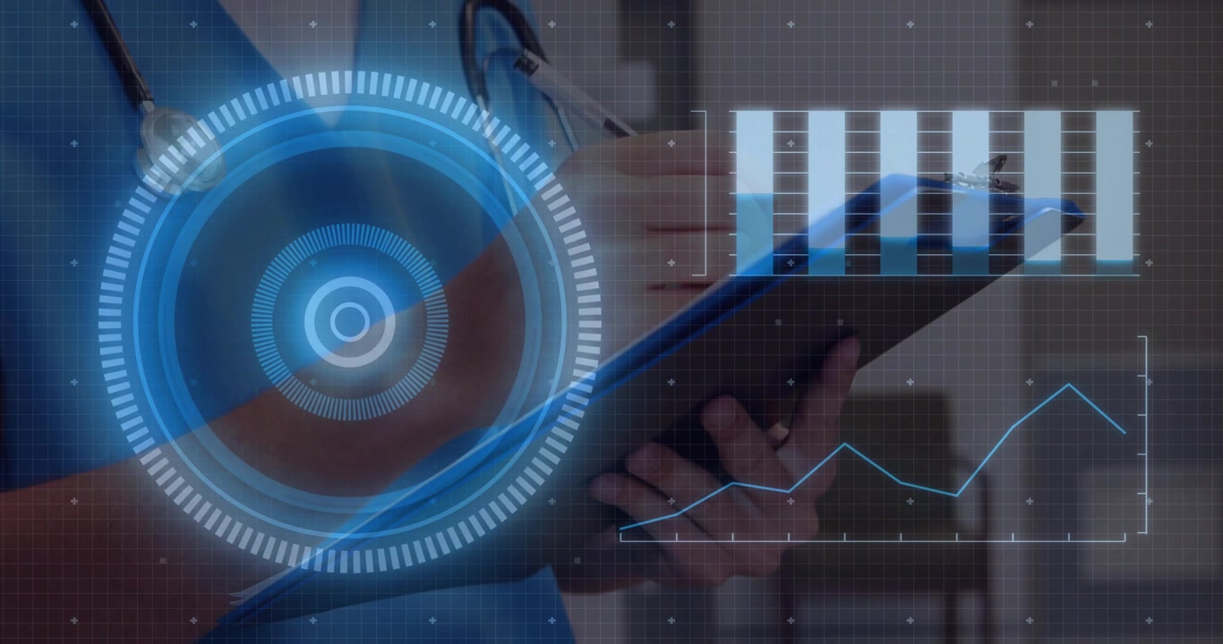 Medical pro holding tablet in clinic showing metrics with circular HUD, bar chart, line graph