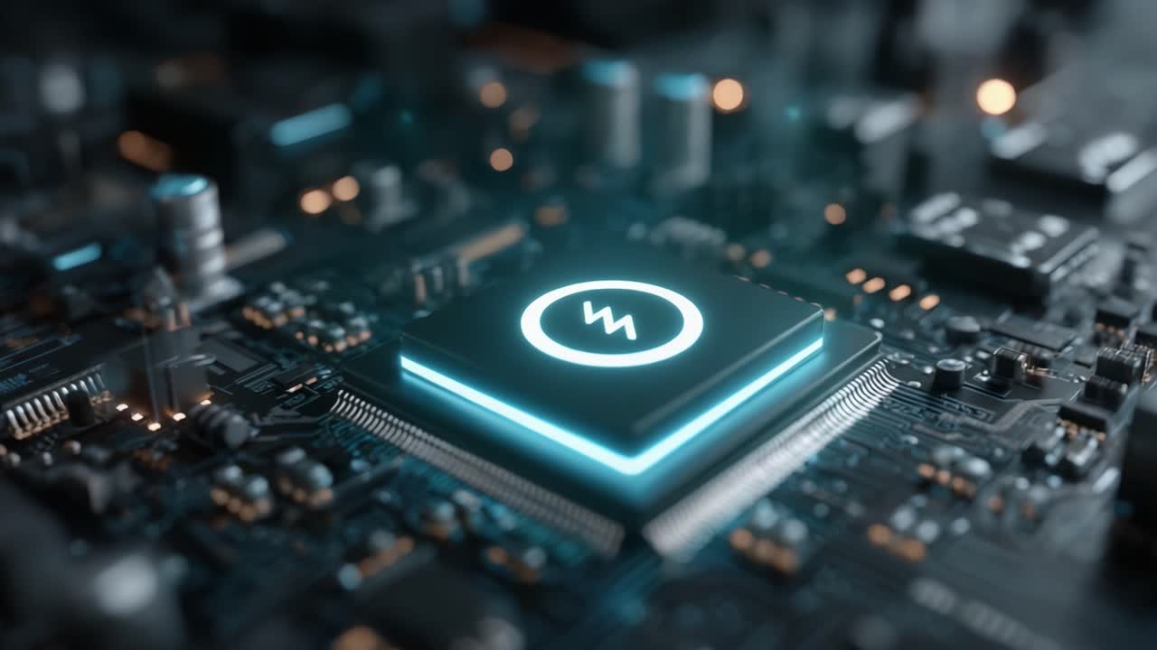 Et nærbillede af en moderne mikroprocessor på et printkort, der fremviser avanceret teknologi og design i et digitalt miljø med høj opløsning