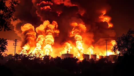 a large plume of smoke billows out from a large industrial area at night