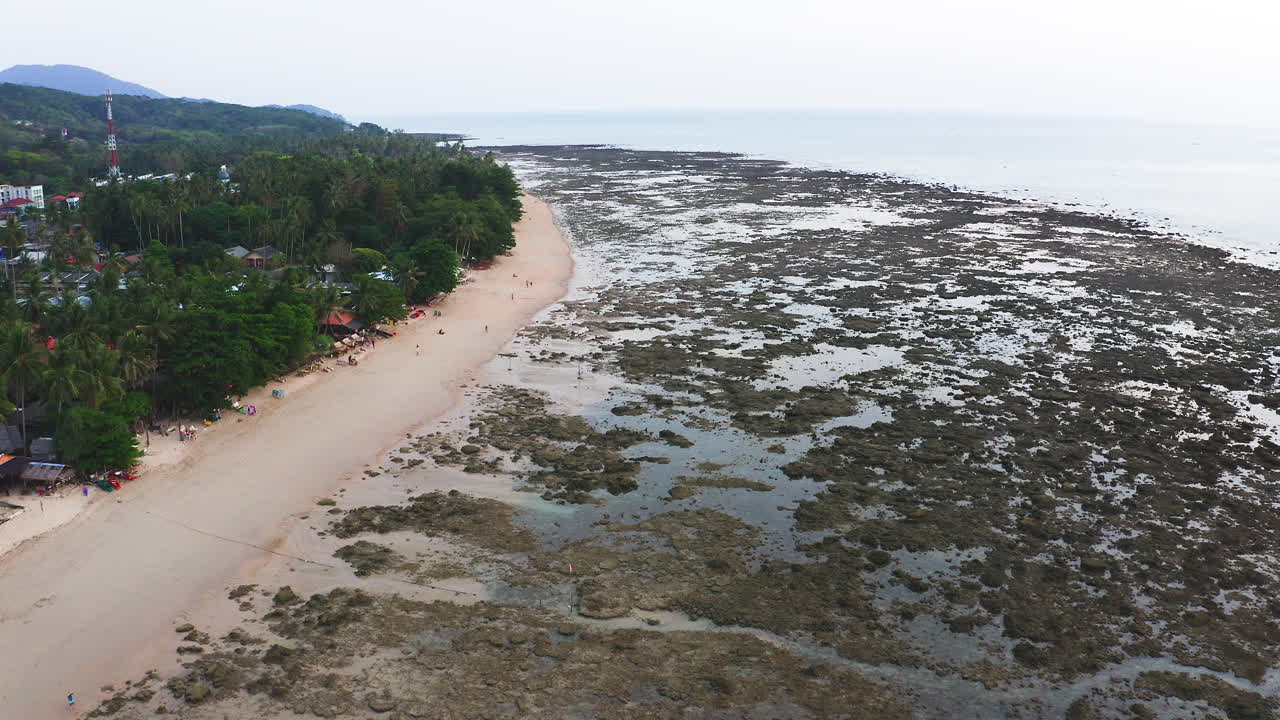 Tayland'da gelgitin düşmesiyle ortaya çıkan sığ deniz tabanına sahip tropik plaj