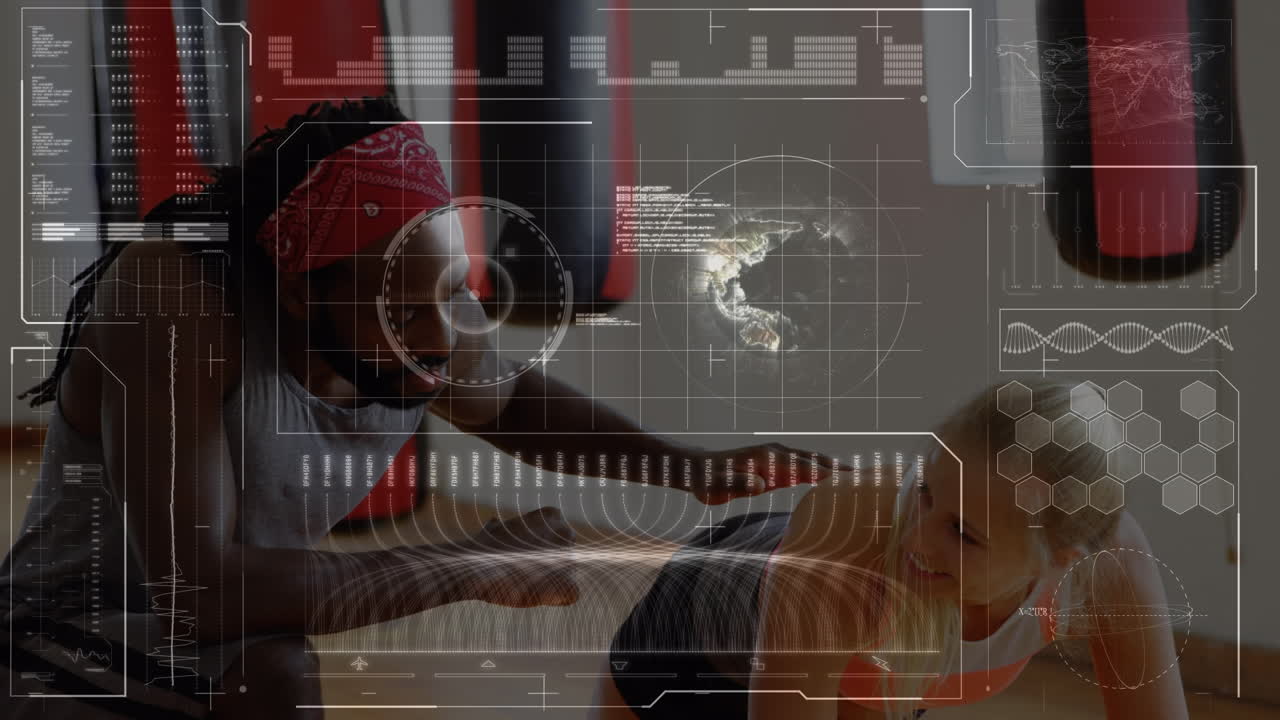Animation of data processing over caucasian female boxer with african american coach at gym