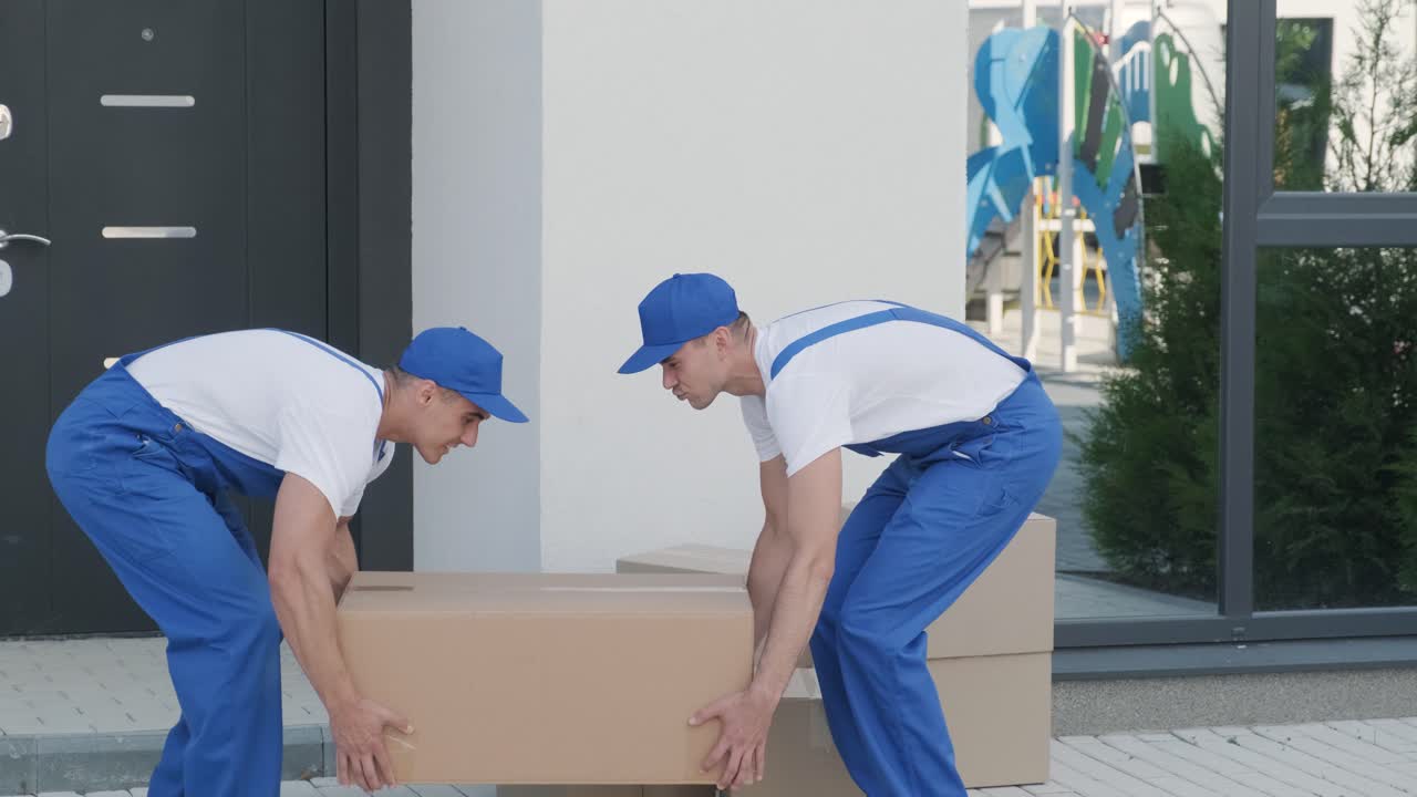 dos jóvenes trabajadores de una compañía de mudanzas están cargando cajas y muebles en un minibus