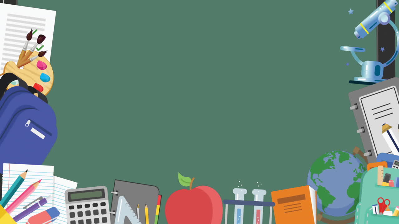 Animation of frame of school items with copy space on green background