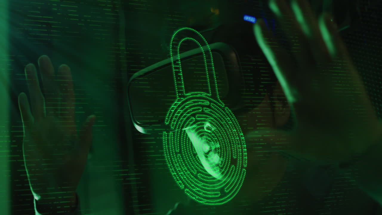 Animation of digital padlock over asian man wearing vr headset