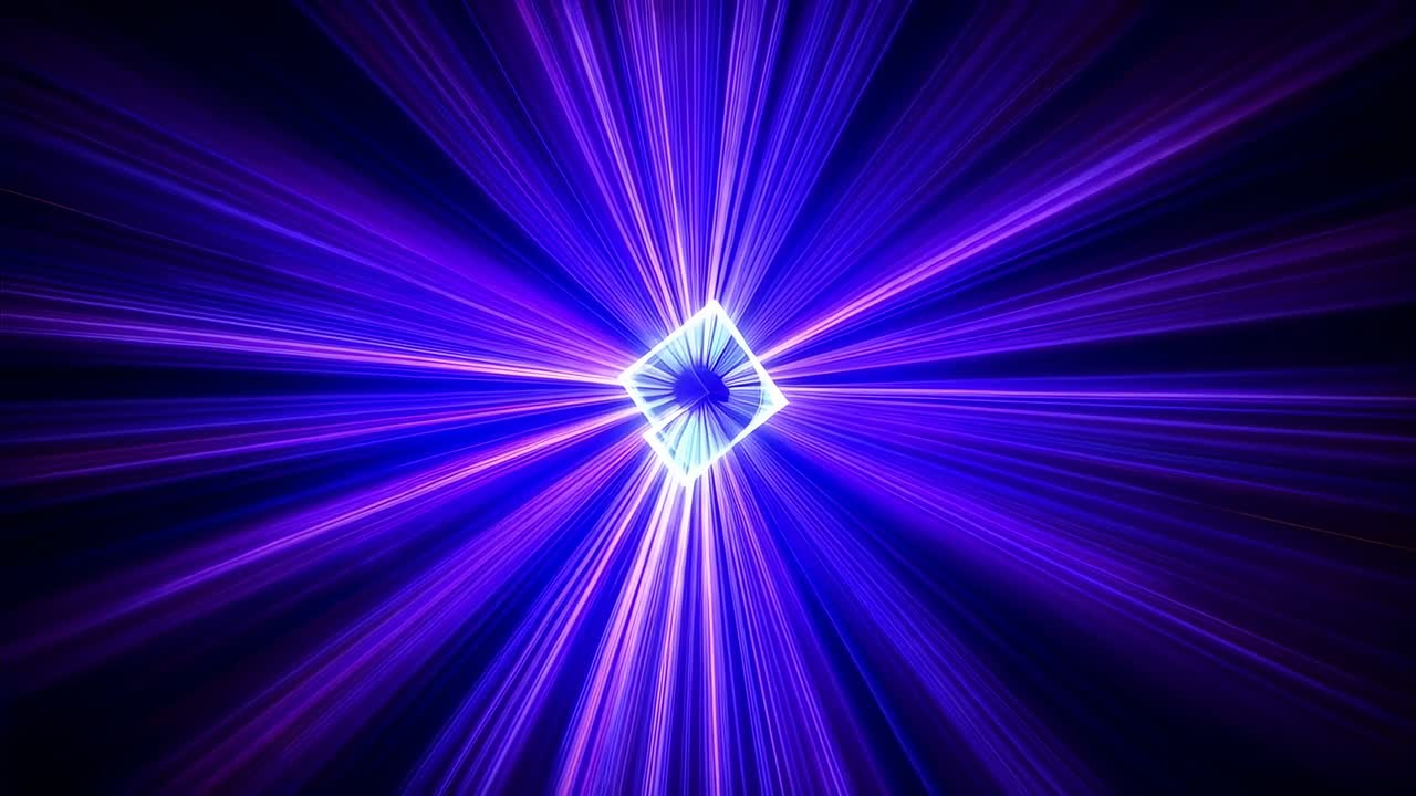 Pulsing double-outline diamond brightening in black void, sending purple-blue and orange rays