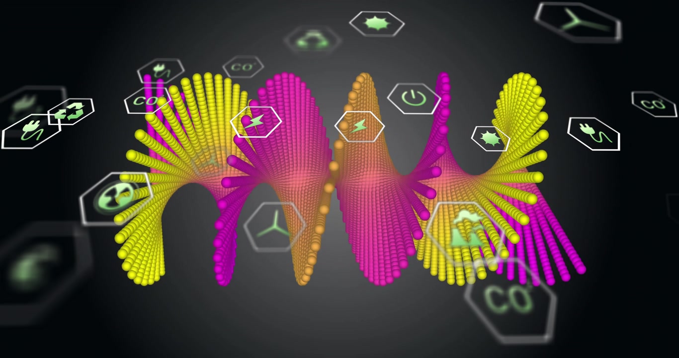 Colorful waveforms and chemical symbols animation over dark background