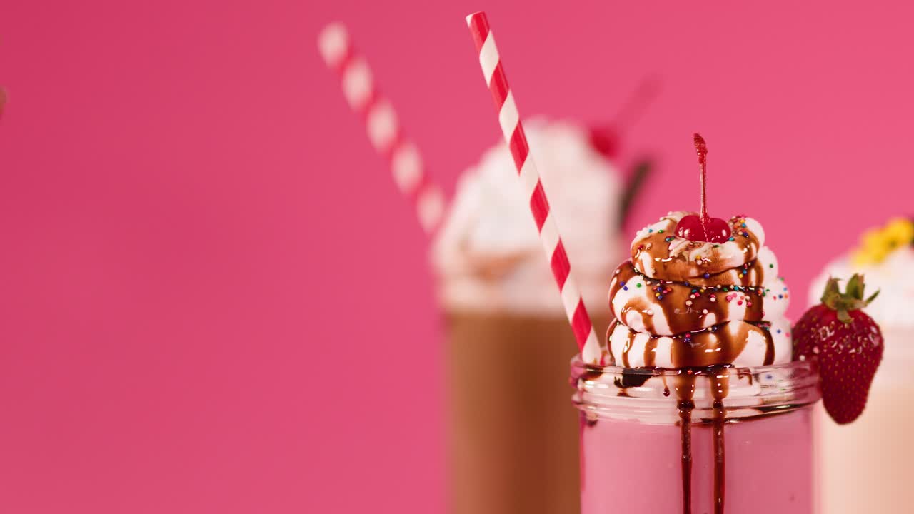 Hand inserts striped straw into strawberry milkshake topped with whipped cream, chocolate drizzle, strawberry