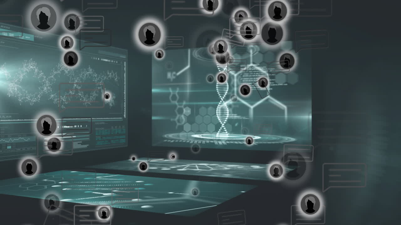 Animation of digital network with user icons over DNA and data analysis screens