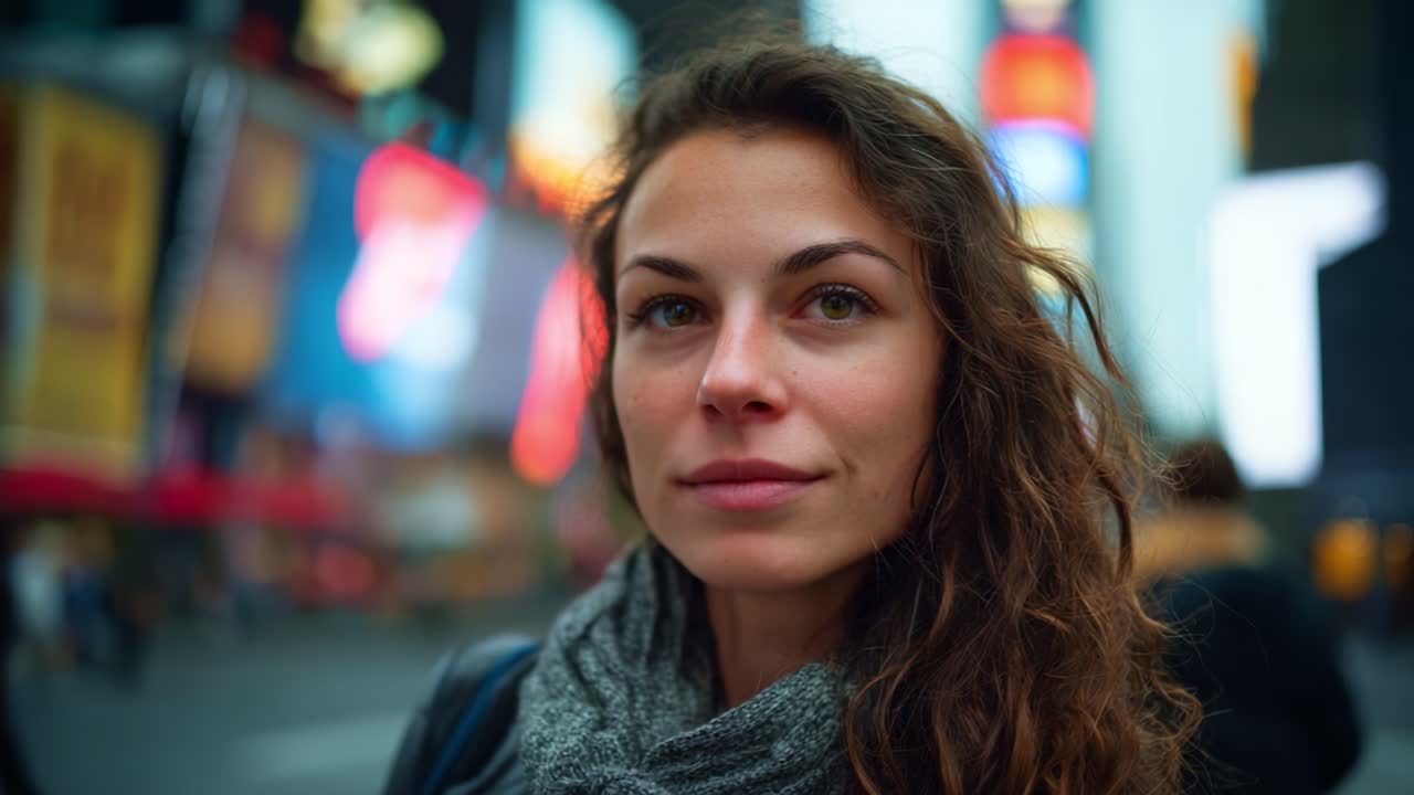 Ritratto accattivante di una giovane donna in un vivace contesto urbano, con cartelloni luminosi e uno sfondo dinamico, che mette in mostra la bellezza naturale e la vita cittadina