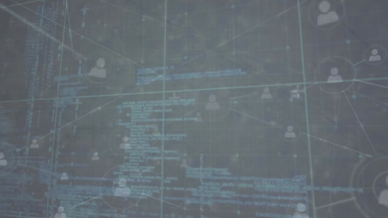 Animation of network of profile icons and data processing over grid network against grey background