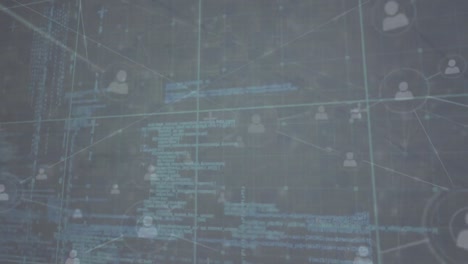animación de la red de iconos de perfil y procesamiento de datos a través de la red de cuadrícula contra un fondo gris.