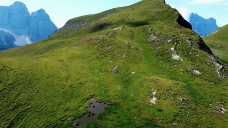 Toma-Aérea-De-Corredores-De-Senderos-Corriendo-En-Un-Amplio-Campo-Verde-De-Cortina-En-Una-Montaña-Distante