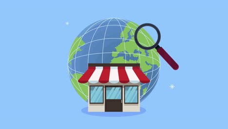 store building facade with planet animation