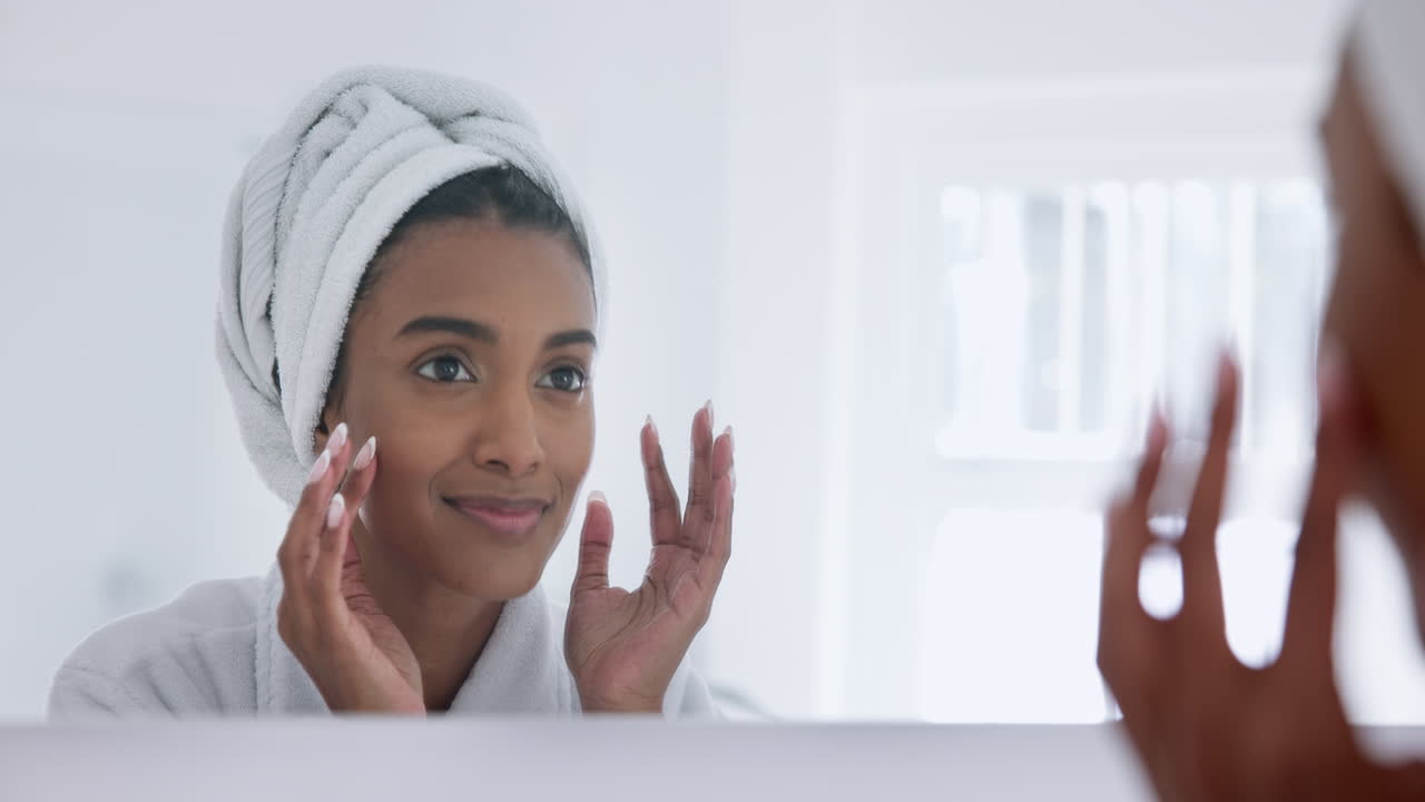 Woman, skincare and beauty in mirror