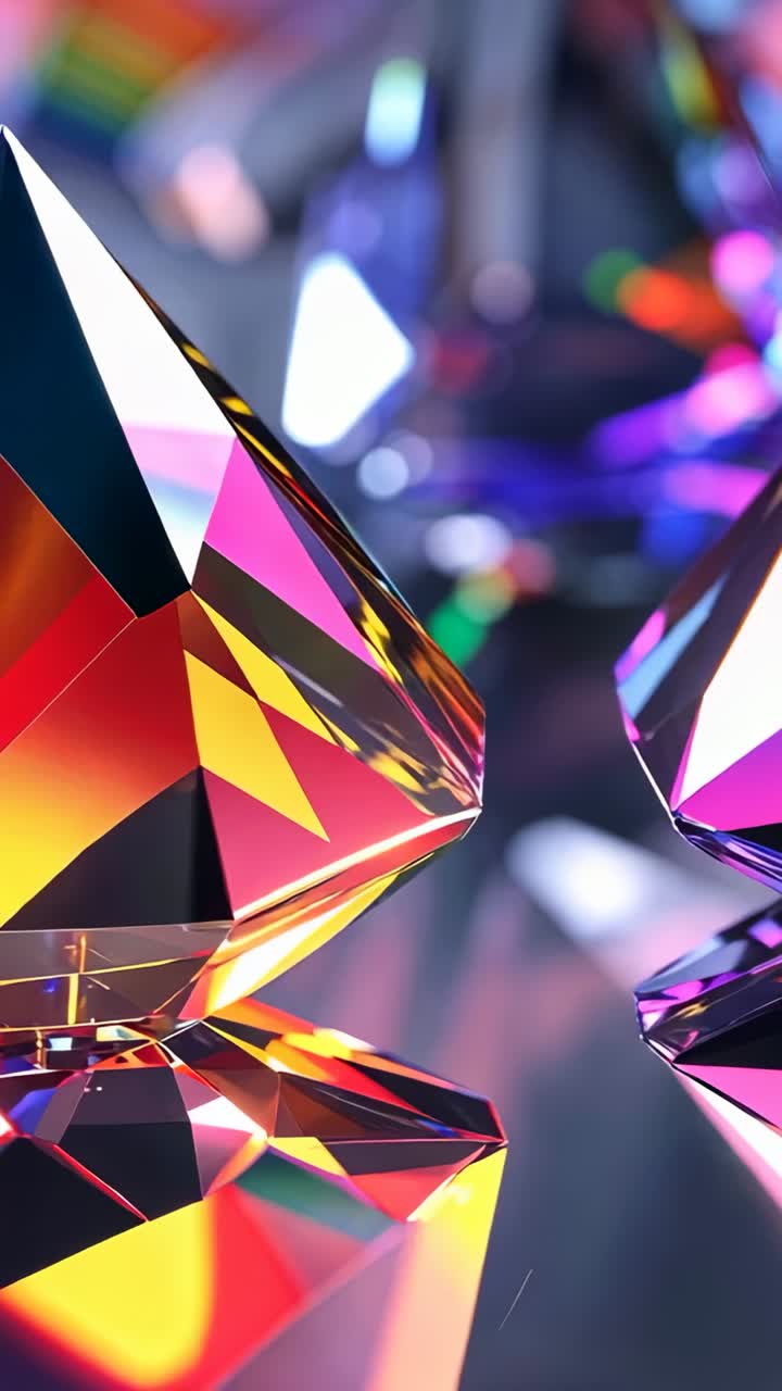 Vertical video: Starting camera pan showing crystal pair shifting rainbow highlights in studio