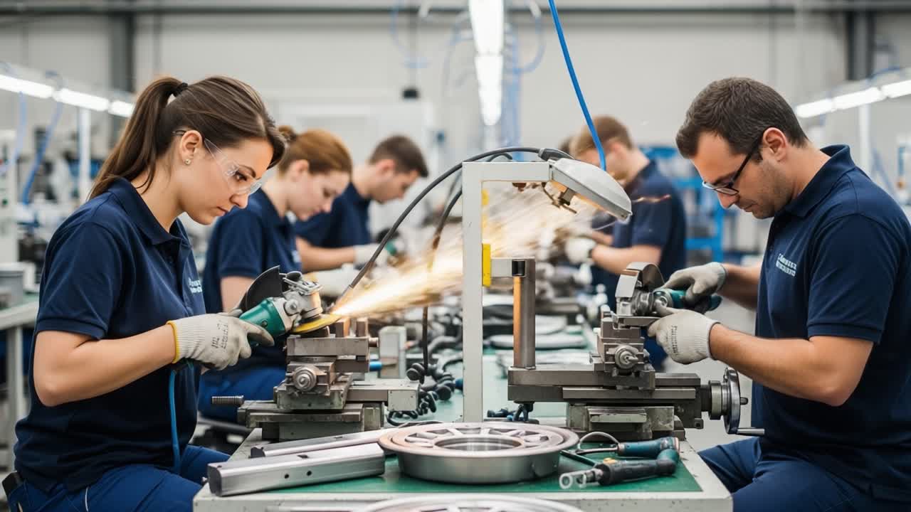 Workers in a factory using grinding tools