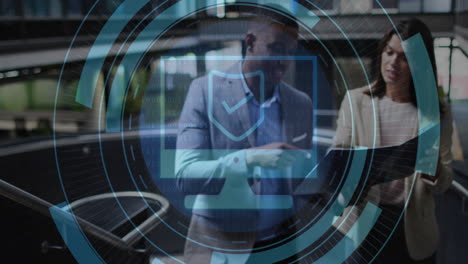 digital security animation over business professionals discussing in modern office