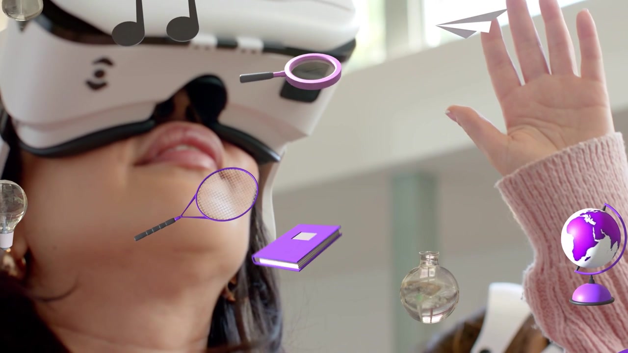 Woman in pink reaching, adjusting VR headset, activating floating globe-clock icons for tech demo