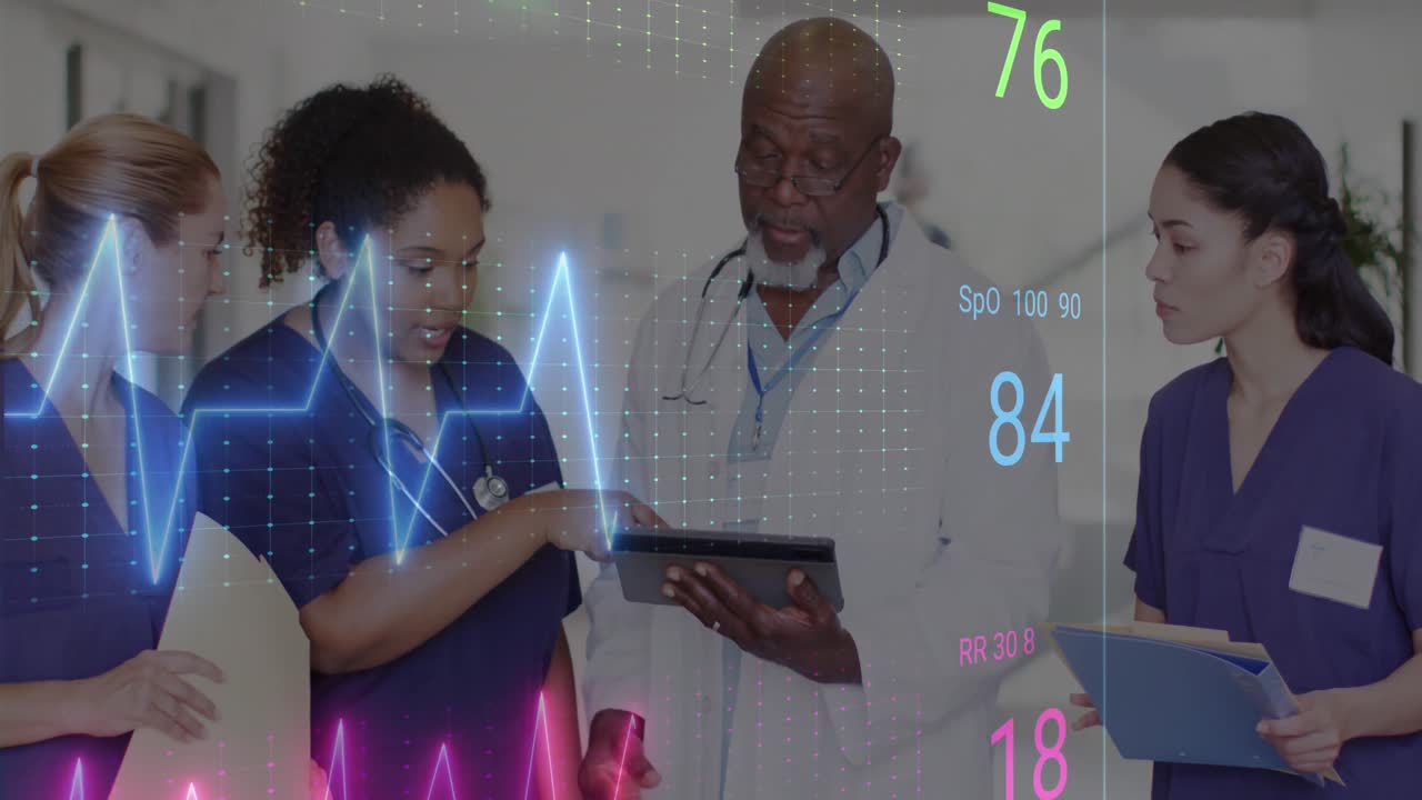 Animation of cardiograph over diverse doctors working at hospital