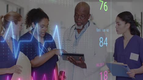 animation of cardiograph over diverse doctors working at hospital