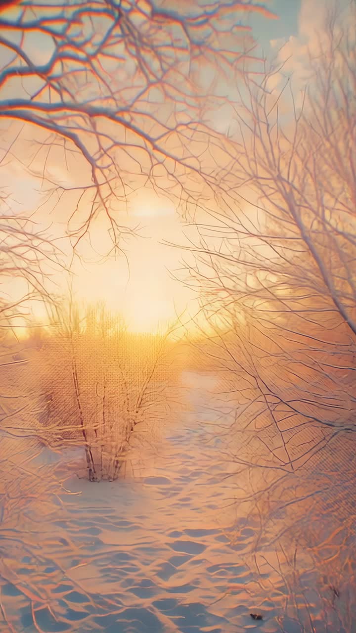 Vertical video: Panning camera revealing snow path, frosted trees in woods at dawn to capture scene