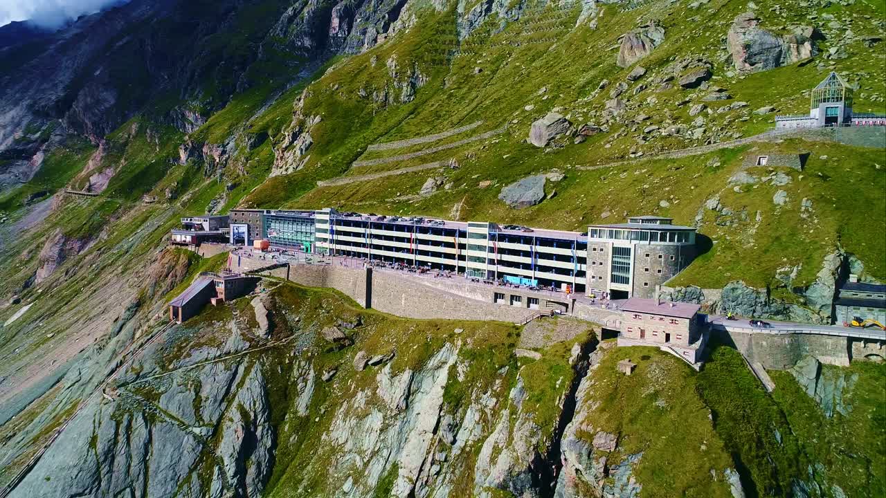 Steep mountain facility clings to cliffs nears Gletscherbahn car park, Austria